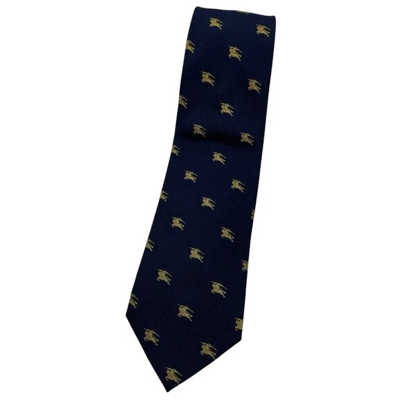 BURBERRYS Men's Silk Wool Necktie LUXURY Tie Navy Monogram Logo W:3.8" EUC - Picture 1 of 5